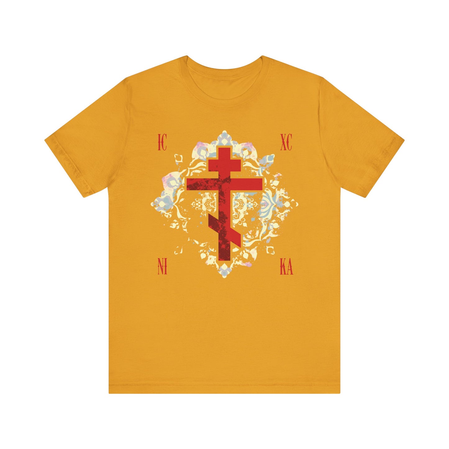 Mustard ICXC NIKA unisex tee featuring a textured red Orthodox cross with medieval floral background and Greek letters, inspired by Jesus Christ Conquers. Lightweight cotton.