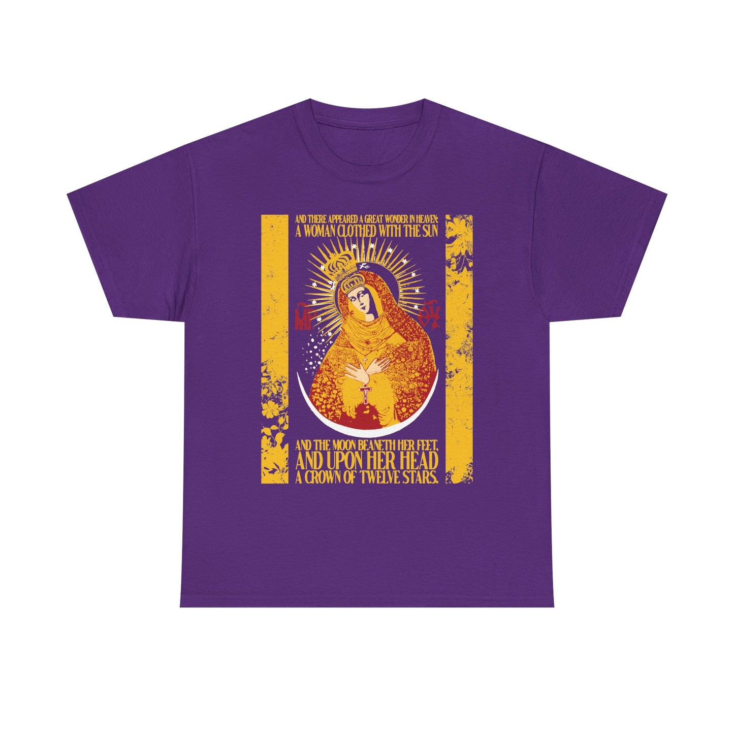 Purple *Our Lady the Gate of Dawn* midweight cotton unisex t-shirt, featuring a gold floral design inspired by the Theotokos as Woman of the Apocalypse (Revelation 12:1). This shirt honors the Most Holy Theotokos, radiating with uncreated light.