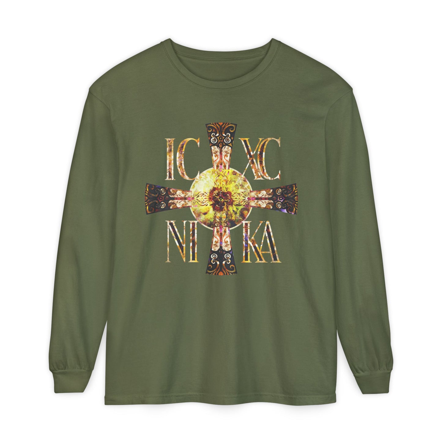 ICXC NIKA Celtic Style Equal Armed Cross | Bright Solar Texture | Orthodox Christian Long Sleeve Shirt