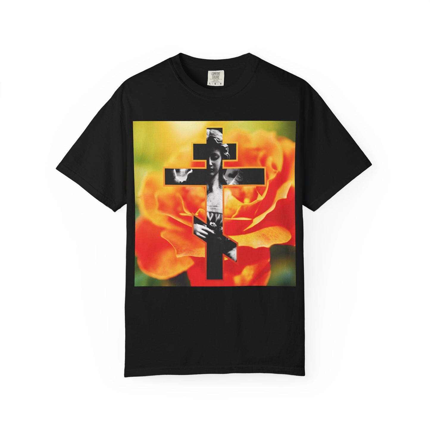 Black heavyweight cotton unisex tee named “Cemetery Statue Angel Cross on Orange Rose | Remember You Will Die | Memento Mori | Orthodox Christian,” featuring an angel cross design over an orange rose background, echoing the message of St Paul in Galatians 6:14.