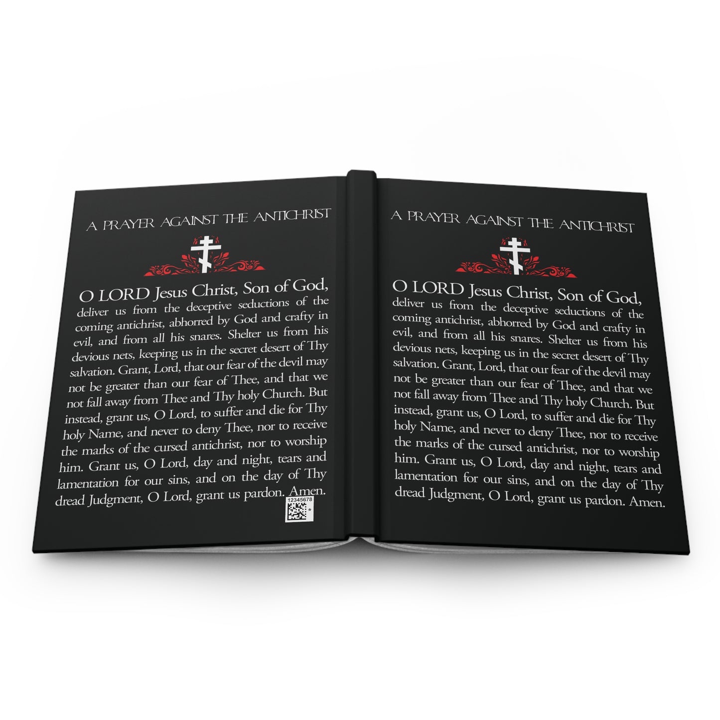 Two open black journals titled "Prayer Against the Antichrist By Elder Anatoly the Younger of Optina" feature white and red text with crosses; ideal for Orthodox Christians, inspired by the Book of Revelation.