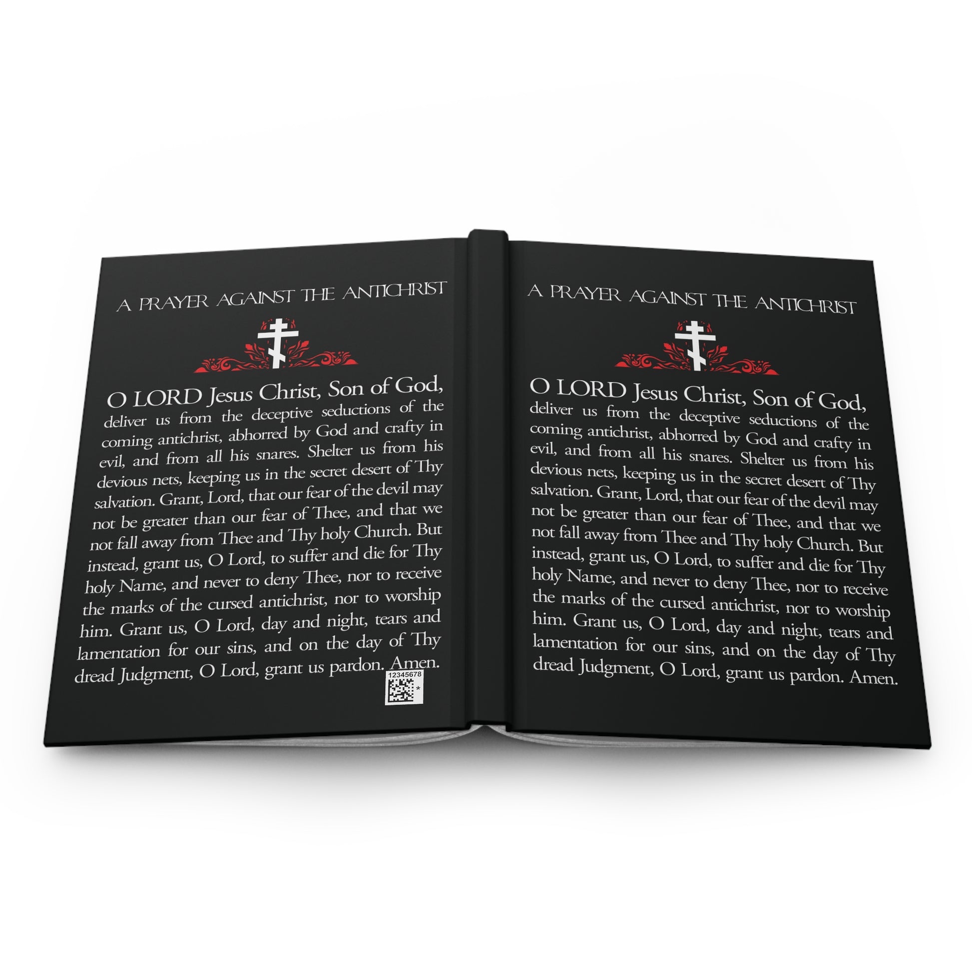 Two open black journals titled "Prayer Against the Antichrist By Elder Anatoly the Younger of Optina" feature white and red text with crosses; ideal for Orthodox Christians, inspired by the Book of Revelation.