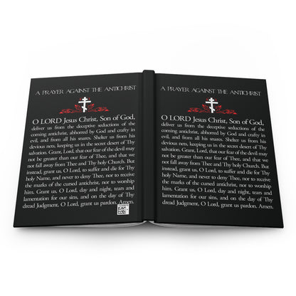 Two open black journals titled "Prayer Against the Antichrist By Elder Anatoly the Younger of Optina" feature white and red text with crosses; ideal for Orthodox Christians, inspired by the Book of Revelation.
