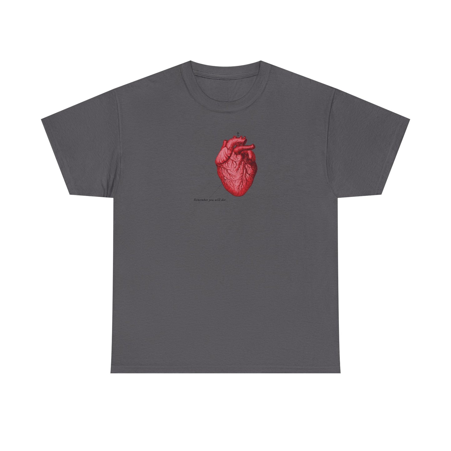 Charcoal t-shirt with a red anatomical heart, small "It's Later Than You Think" text inspired by God's mercy, Orthodox cross graphic, and "Remember You Will Die" memento mori theme—Christian retro medical textbook design.