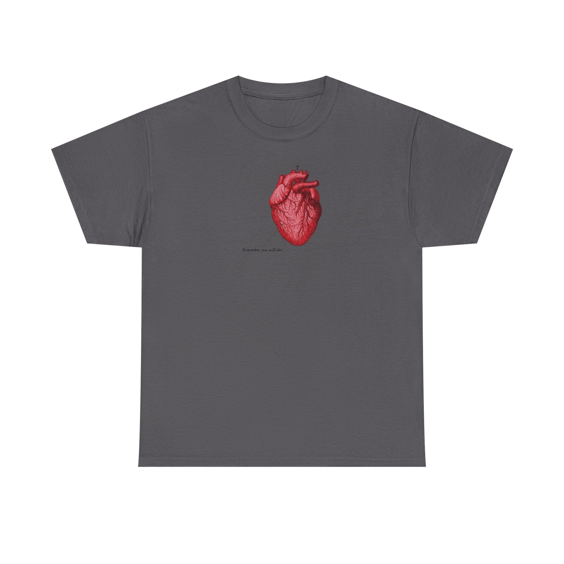 Charcoal t-shirt with a red anatomical heart, small "It's Later Than You Think" text inspired by God's mercy, Orthodox cross graphic, and "Remember You Will Die" memento mori theme—Christian retro medical textbook design.