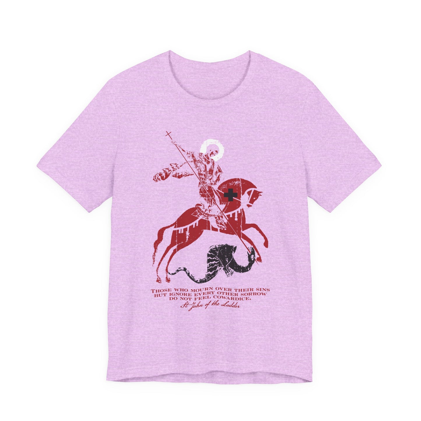 Heather Prism Lilac unisex tee featuring a graphic of St George slaying the dragon, with red and black text below, inspired by St John Climacus’s theme of mourning over one’s sins.
