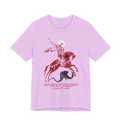 Heather Prism Lilac unisex tee featuring a graphic of St George slaying the dragon, with red and black text below, inspired by St John Climacus’s theme of mourning over one’s sins.