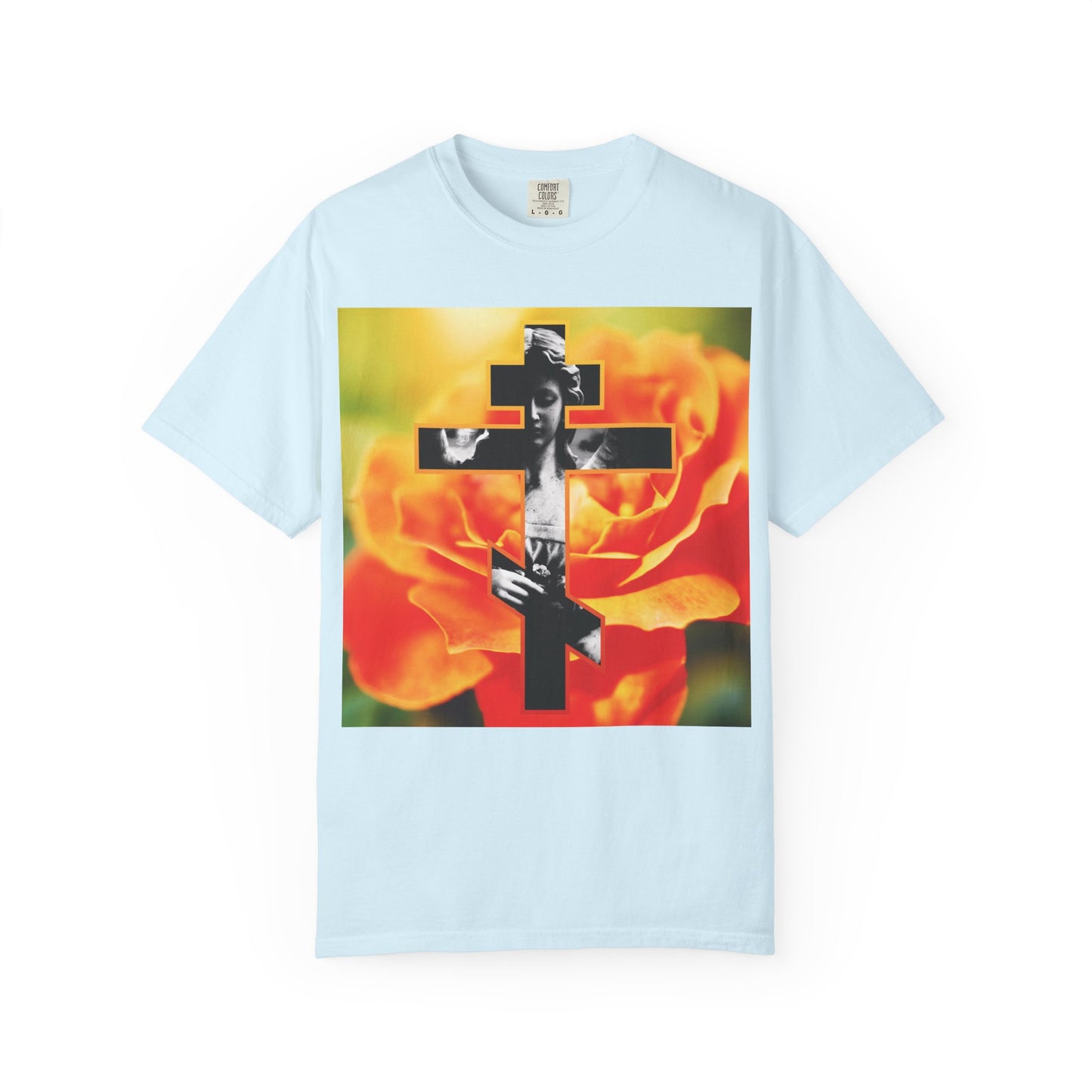 Chambray heavyweight cotton unisex tee featuring a cemetery statue angel cross design inspired by Memento Mori and Orthodox Christian tradition, set over an orange rose with a black-and-white photo collage.