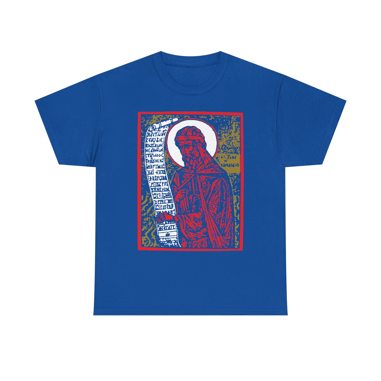 Royal blue unisex tee featuring a high-contrast red, gold, and black graphic inspired by St. John of Damascus and his Stichera for the Dead. Midweight cotton. Orthodox Christian saint design.