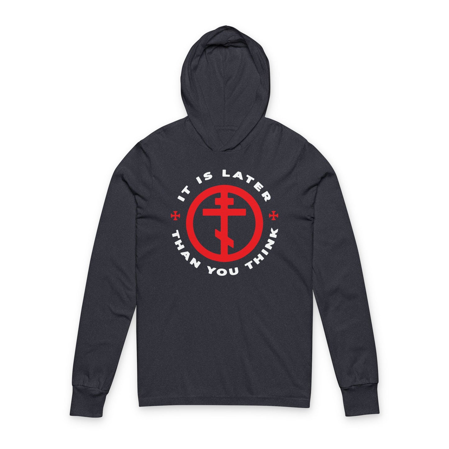 Heather navy hoodie featuring "It Is Later Than You Think" and an Orthodox cross in a circle, inspired by Fr Seraphim Rose’s Memento Mori writings on the apocalypse and the armour of light.