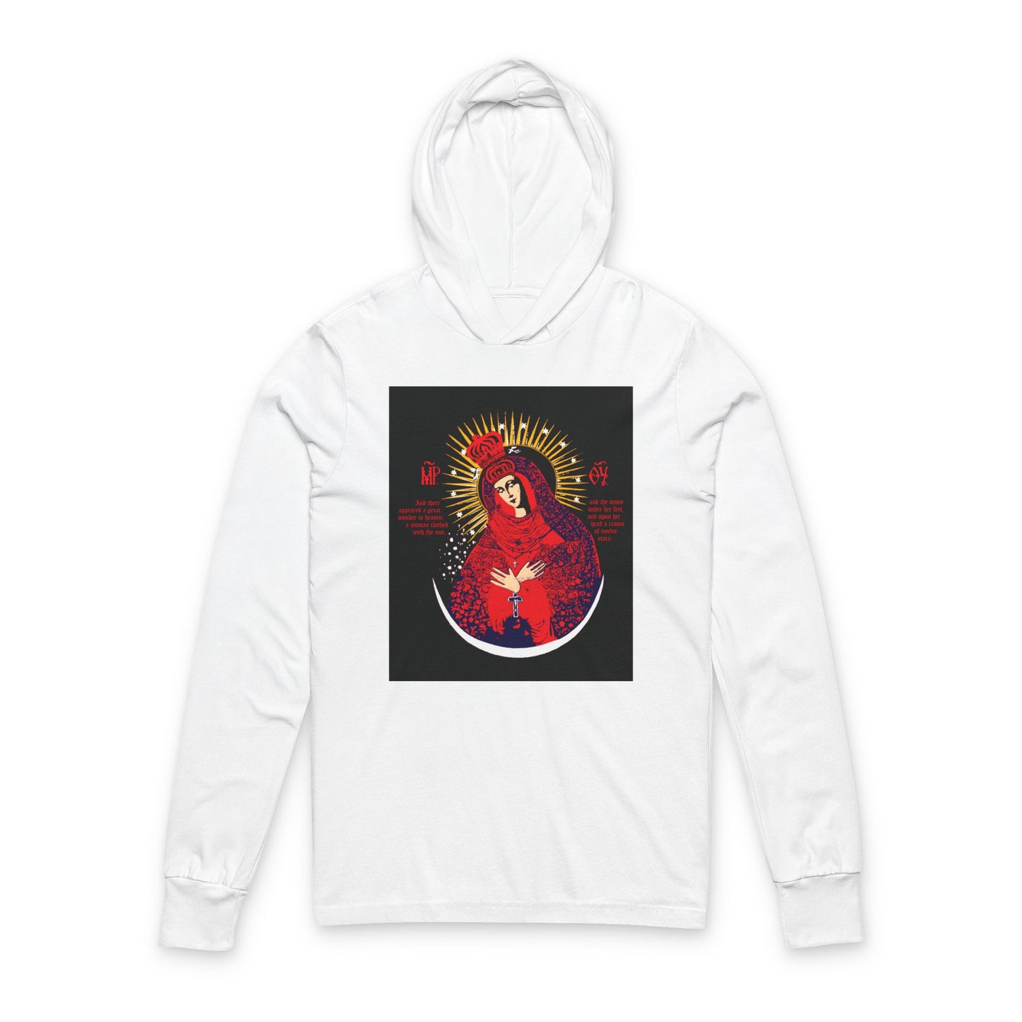 Our Lady the Gate of Dawn Icono-Graphic | Theotokos Crowned | Woman of the Apocalypse | Red Blue & Gold Design | Orthodox Hooded Shirt