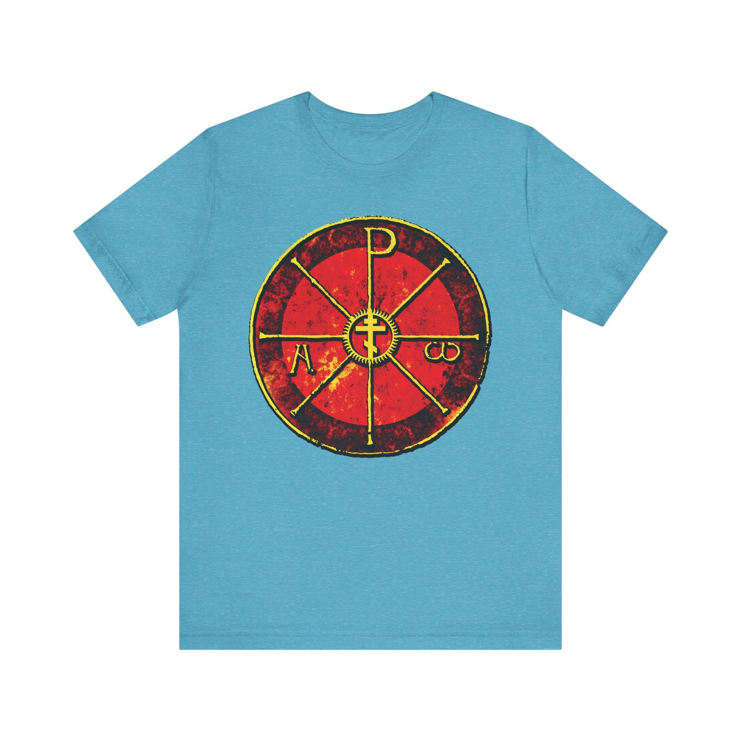 Heather Aqua t-shirt with a bold red and yellow Chi Rho Orthodox Cross, inspired by Saint Ambrose’s Chrismon from Milan’s cathedral. Features ancient Christogram and "In This Sign Ye Shall Conquer" design. Lightweight cotton.