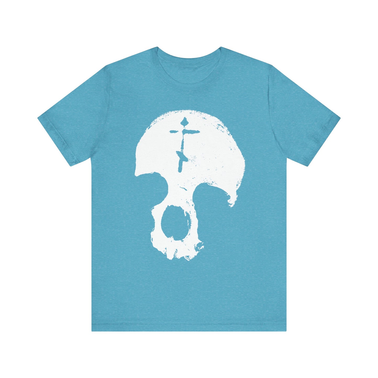 Heather Aqua T-shirt featuring a large white skull graphic with an Orthodox cross—a bold statement on human glory and vainglory. Product: Skull With Orthodox Cross | Gothic Christian | All is Vanity | Remember You Will Die | Memento Mori | Lightweight Cotton Unisex Tee.