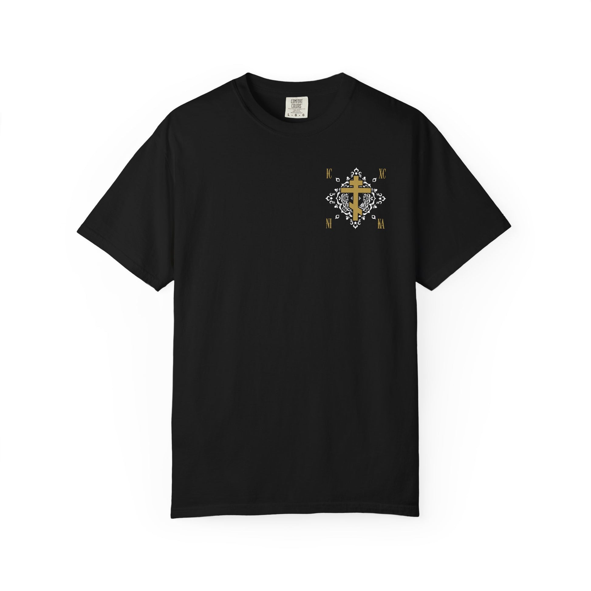 Black heavyweight cotton unisex T-shirt featuring a small gold Orthodox Cross with white medieval ornate floral ICXC NIKA design and Jesus Christ Conquers theme.