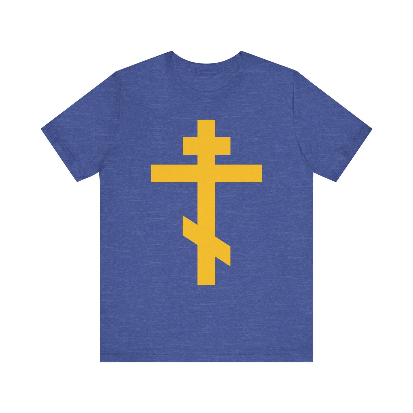 Yellow Orthodox Cross | Precious and Life-Giving Weapon of Unseen Warfare | Scourge of Demons | Christian Lightweight Cotton Unisex Tee—this blue t-shirt showcases a bold yellow Eastern Orthodox cross on the front, inspired by the message of being crucified with Christ from Galatians 2:20, making it a meaningful and meditative design for Christian reflection.