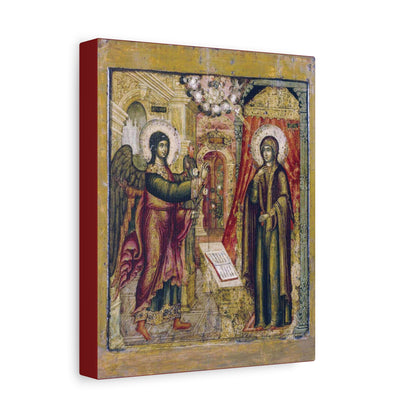 Russian Orthodox Icon of the Annunciation by the Hand of Ivan Maksimov, 1670, featuring the Theotokos Mary and an angel standing indoors with a book between them; religious canvas wall art.