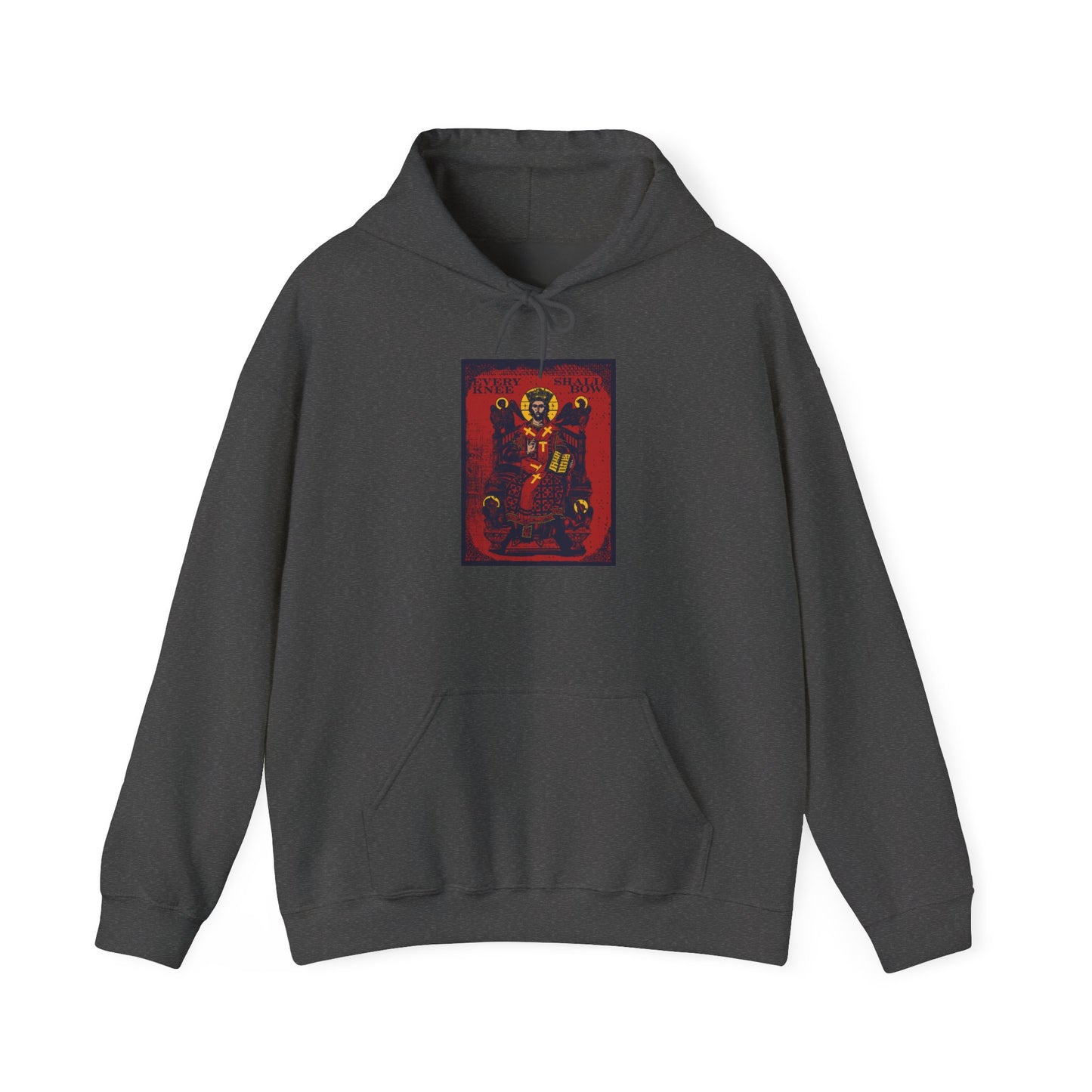 Dark Heather hoodie featuring a vibrant, iconographic graphic of Christ Enthroned and the four living creatures from Ezekiel’s Chariot on the front center, inspired by Philippians 2:8-11 and Isaiah 45:23—Every Knee Shall Bow.