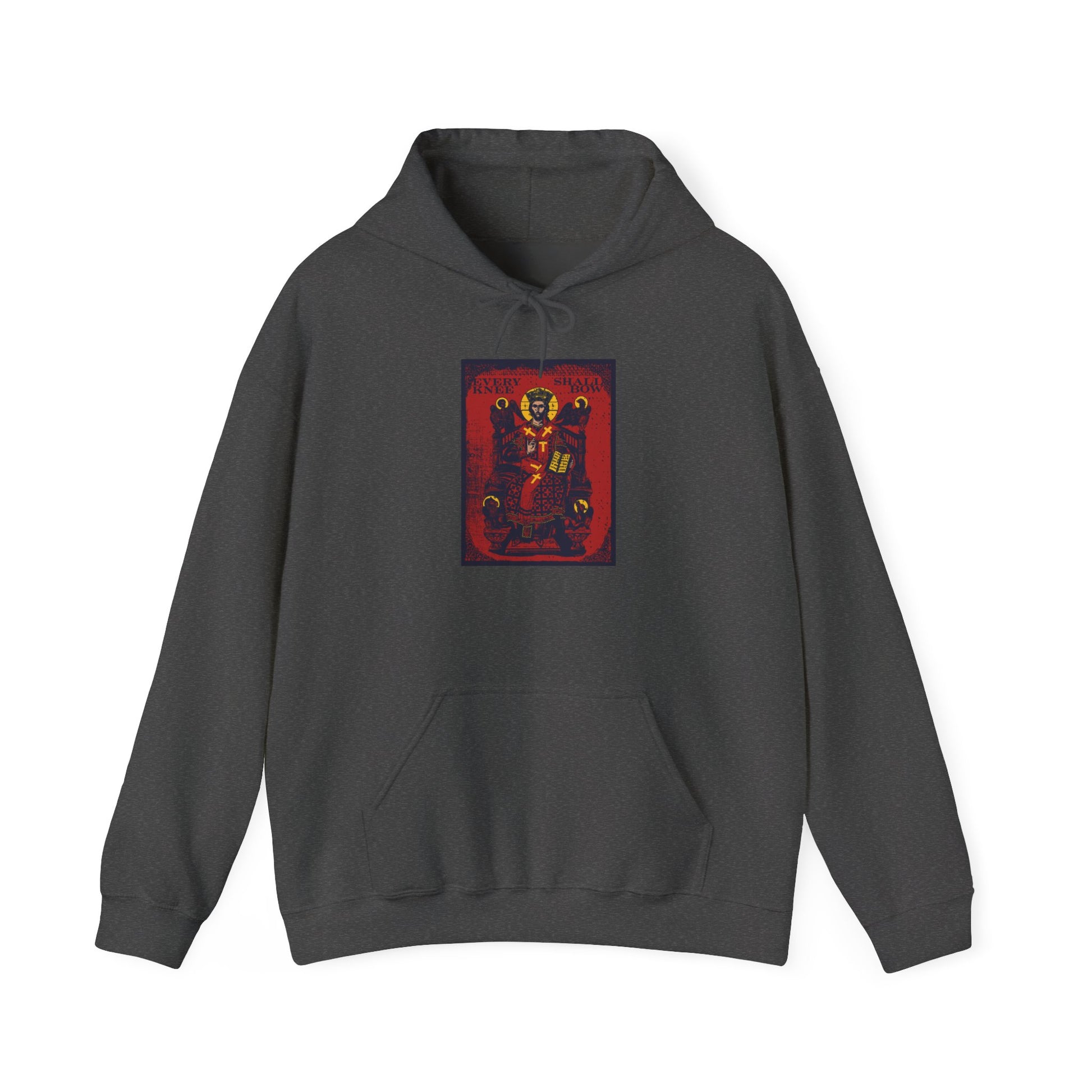 Dark Heather hoodie featuring a vibrant, iconographic graphic of Christ Enthroned and the four living creatures from Ezekiel’s Chariot on the front center, inspired by Philippians 2:8-11 and Isaiah 45:23—Every Knee Shall Bow.