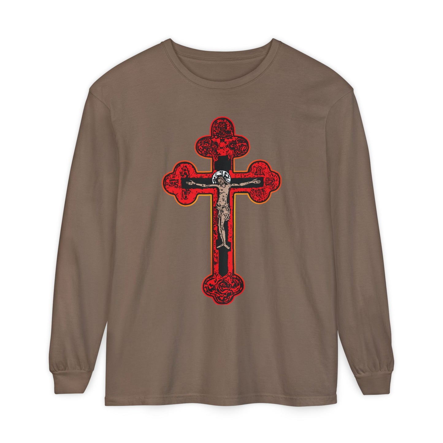Espresso long-sleeve cotton shirt featuring a bold red Orthodox Byzantine Golgotha Cross and crucifix design, inspired by "I Am Crucified With Christ," with Alpha & Omega details.