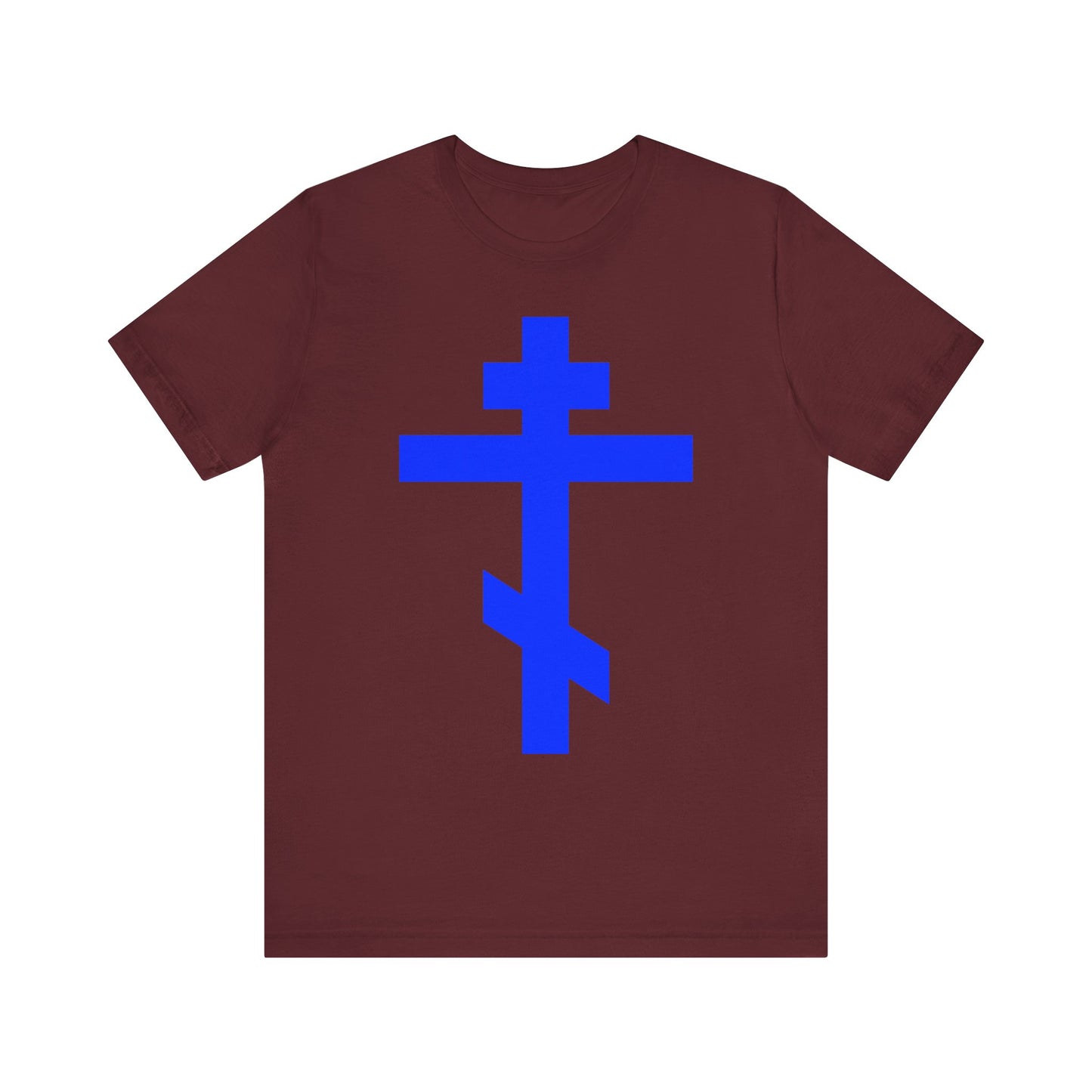Maroon t-shirt featuring a bold royal blue Orthodox Tribar Cross on the front, inscribed with “Preserve Thy People By Thy Cross, O Lord” and celebrating Christ as King—a lightweight cotton unisex tee symbolizing the Lord’s gift of salvation.