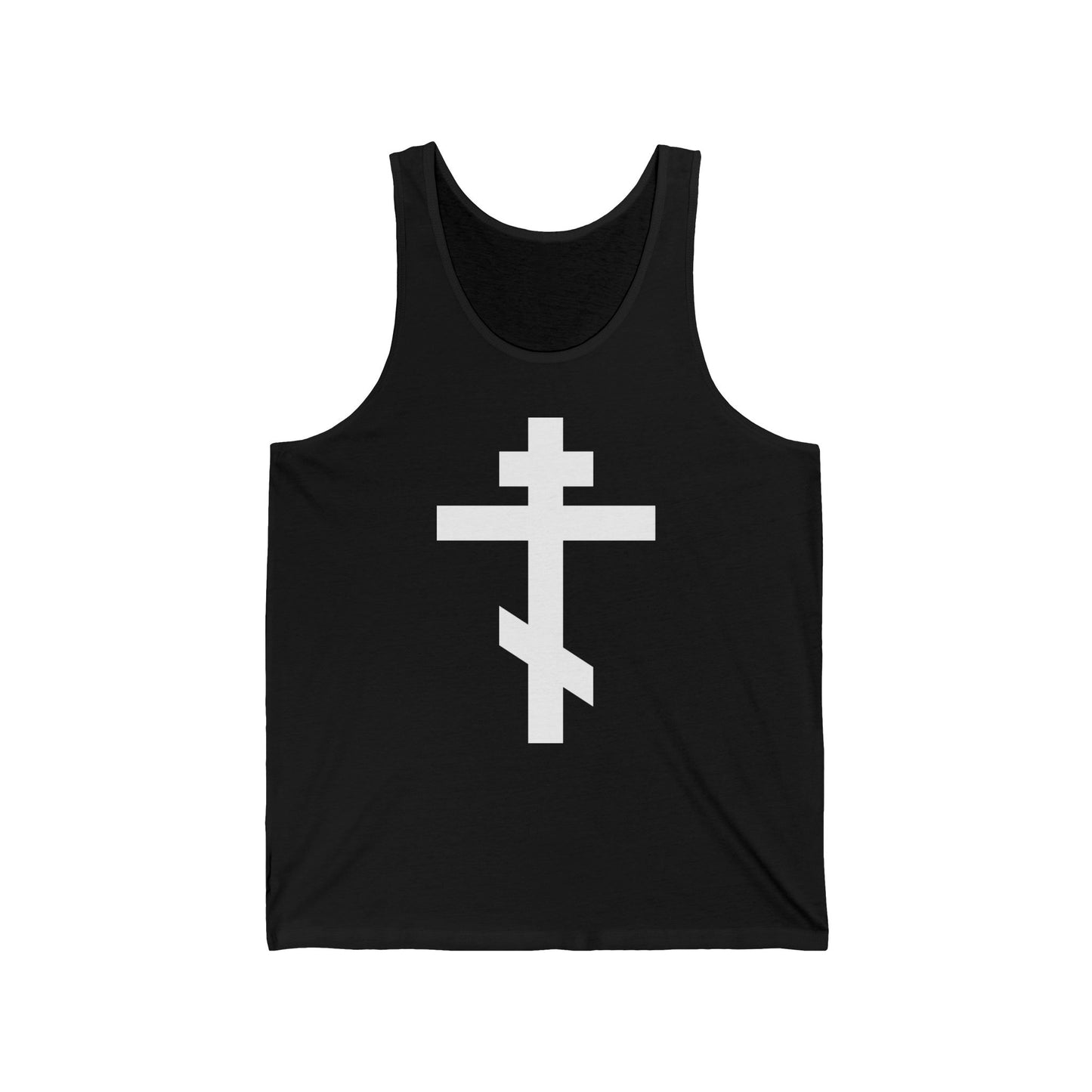 Black tank top with a bold white Orthodox cross and “May I never boast, except in the cross of our Lord Jesus Christ” (Gal 6:14), inspired by the teachings of St. John of Kronstadt.
