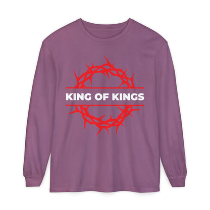 Berry-colored Christian long sleeve shirt with a red crown of thorns and white "KING OF KINGS" text on the chest, inspired by Revelation 19:16. Product: King of Kings Crown of Thorns | The King of Glory | Christ is King. Cotton material.