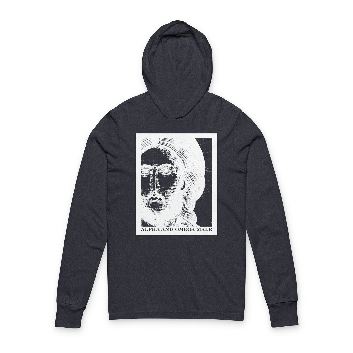 Heather navy hoodie featuring a photonegative Jesus Christ graphic and "Alpha & Omega Male" text, inspired by Revelation 22: "I am the Beginning & the End.