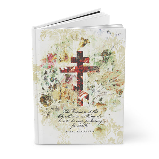 Preparing For Death | White & Beige Floral Scrapbook Texture Cross | Arts & Crafts Style | St Irenaeus | Orthodox Christian Hardcover Journal