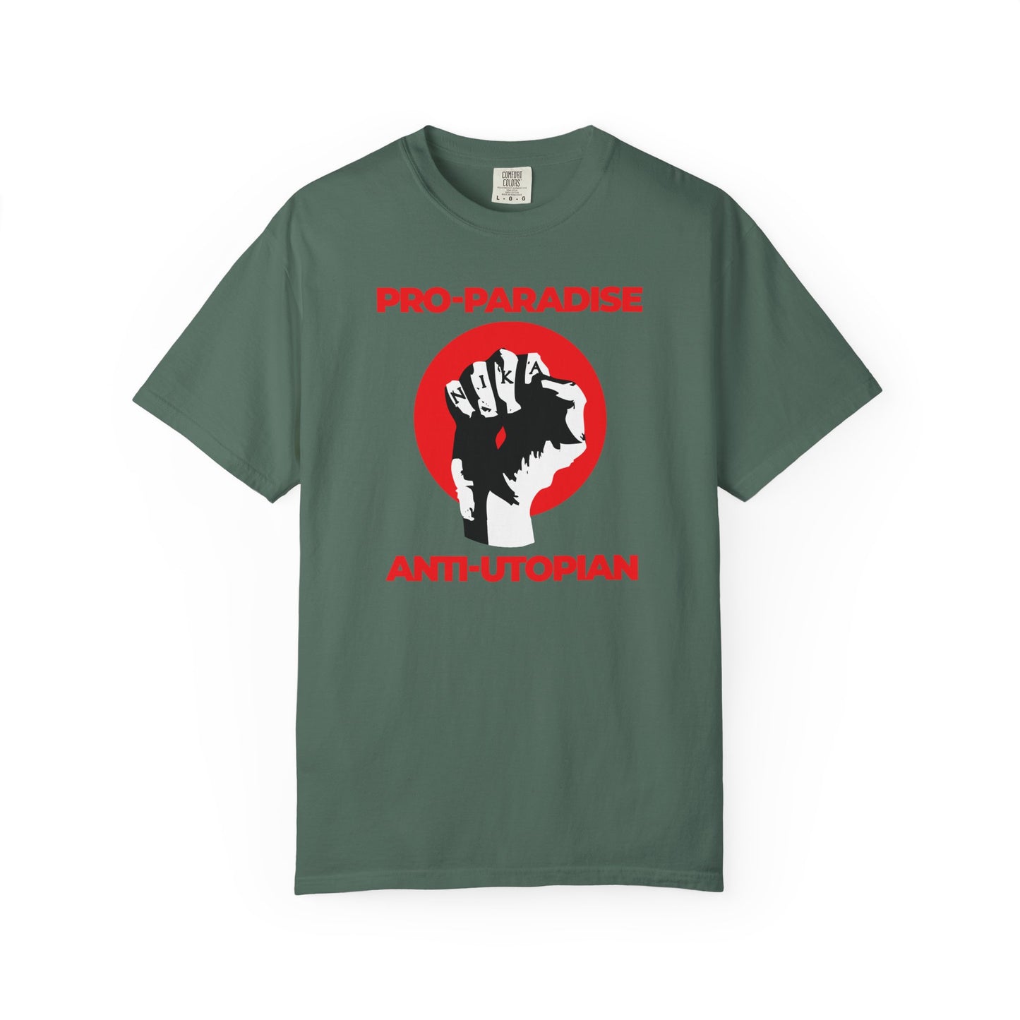 Blue Spruce heavyweight cotton unisex t-shirt featuring the PRO-PARADISE ANTI-UTOPIAN design with a NIKA fist and Jesus Christ Crucified, urging resistance to the dominant secular paradigm.