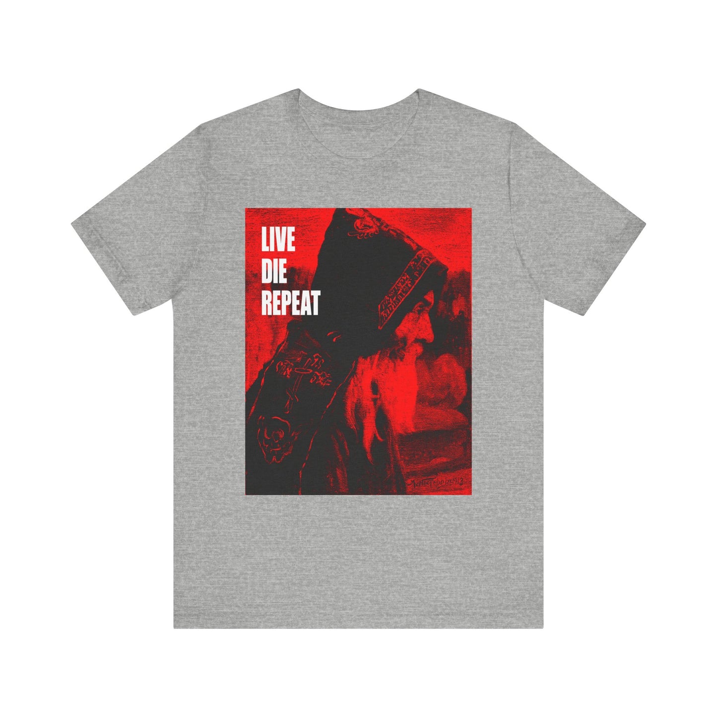 Athletic Heather unisex tee featuring Orthodox monk art by Mikhail Nesterov with the quote "Die Every Day, You Will Live Forever"—an inspiring ascetic message.