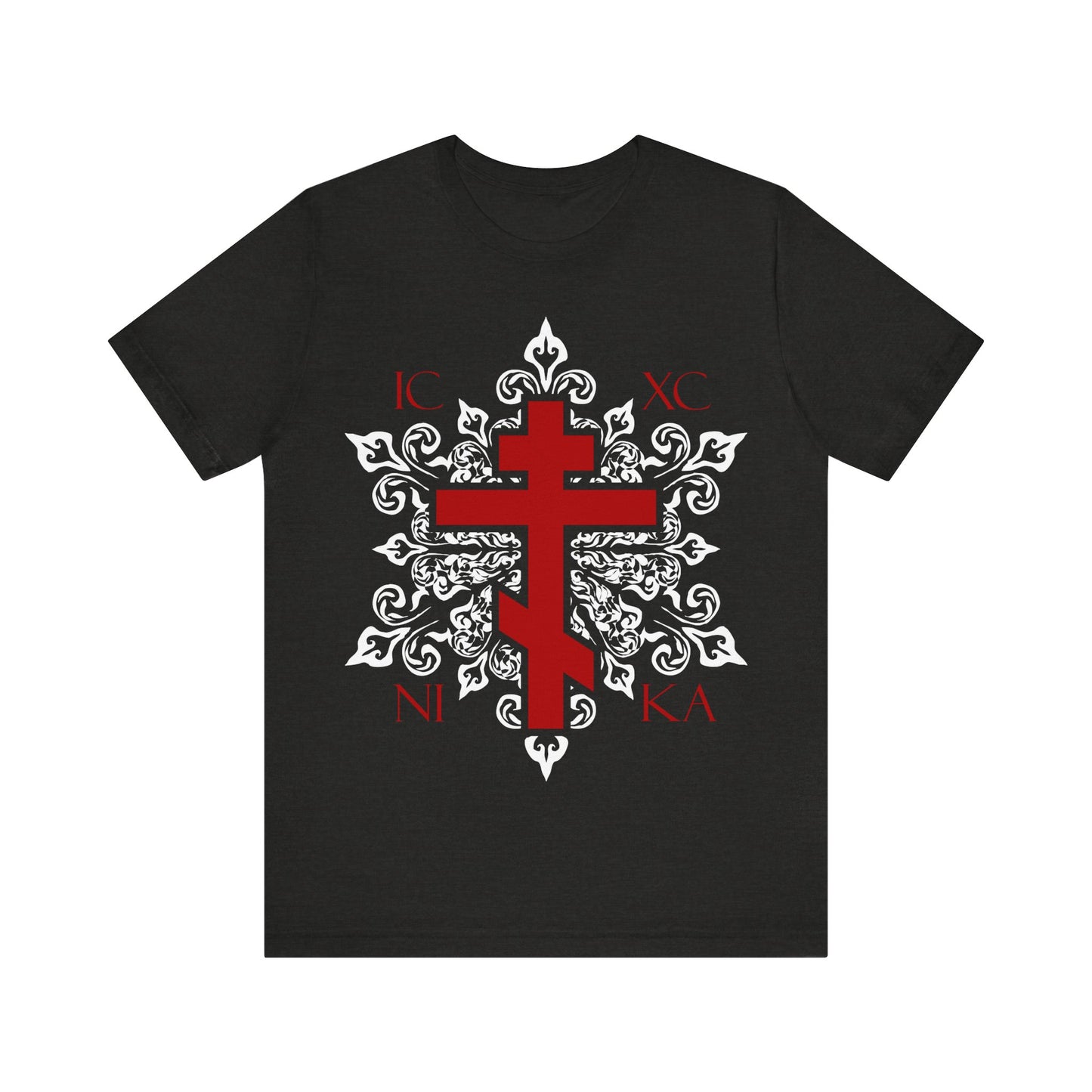ICXC / NIKA Red Orthodox Cross on Ornate White Medieval Floral Design | Best-Selling Orthodox Christian Cotton Unisex Tee