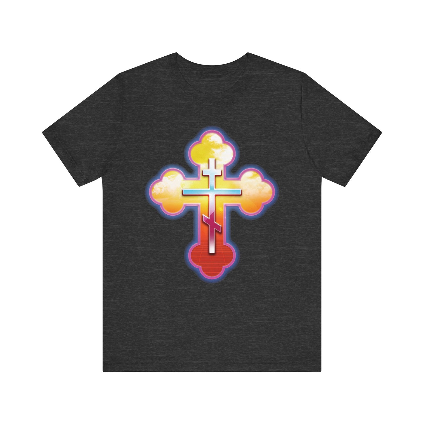 80s Synthwave Retrowave Outrun Aesthetic | Glowing & Reflective Gold & Red Three-Bar Cross | Lightweight Cotton Unisex Tee