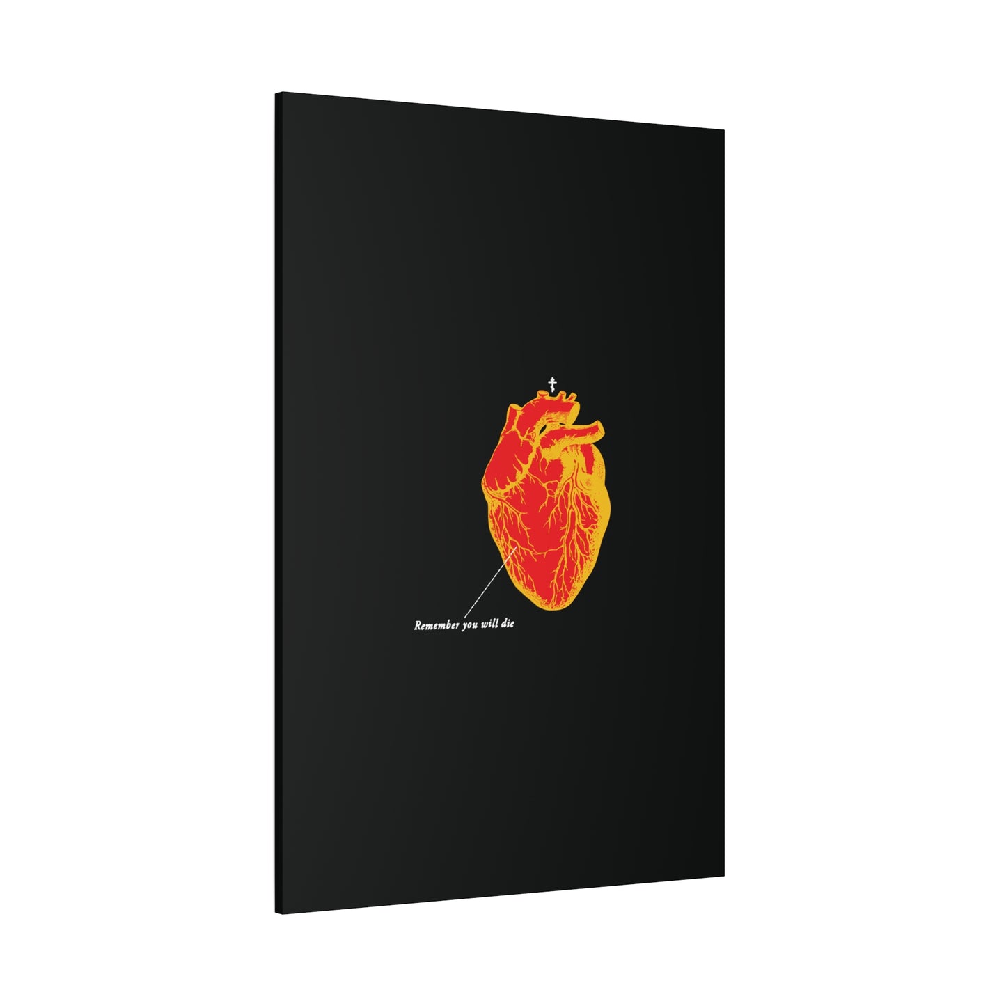 The "Remember You Will Die Retro Medical Textbook Heart" canvas wall art features an inverted red and orange anatomical heart with a memento mori motif, inspired by Orthodox Christian themes.