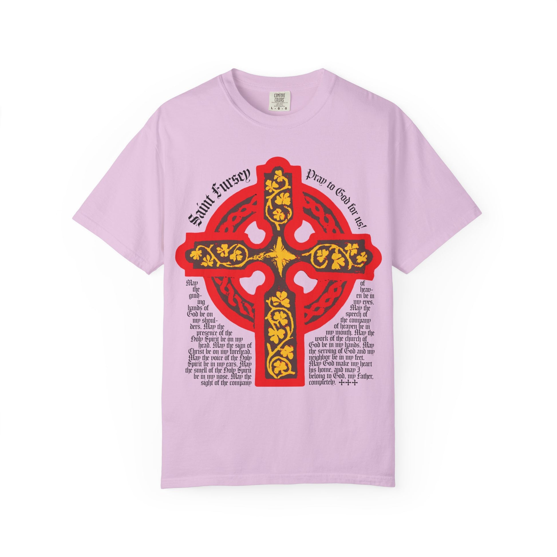 The Lorica Shield Prayer of St Fursey unisex tee in orchid features a red and yellow Celtic cross with black Gothic text, inspired by the Ancient Celtic Church. Made from heavyweight cotton, it's perfect for Irish Orthodox and Western Rite Christians.
