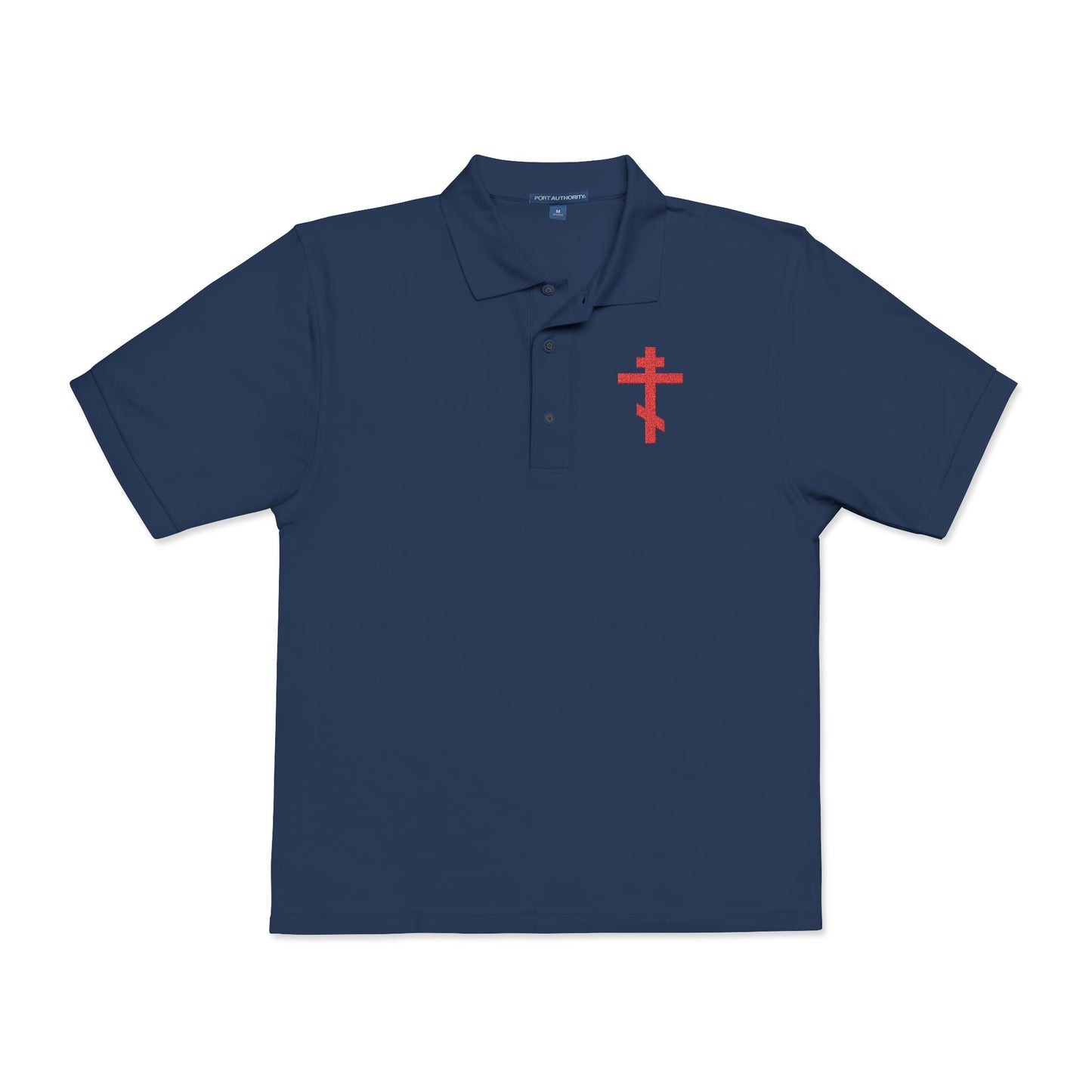 Embroidered Red Orthodox Cross | "May I never boast, except in the cross of our Lord Jesus Christ" (Gal 6:14) | Christian Polo Shirt