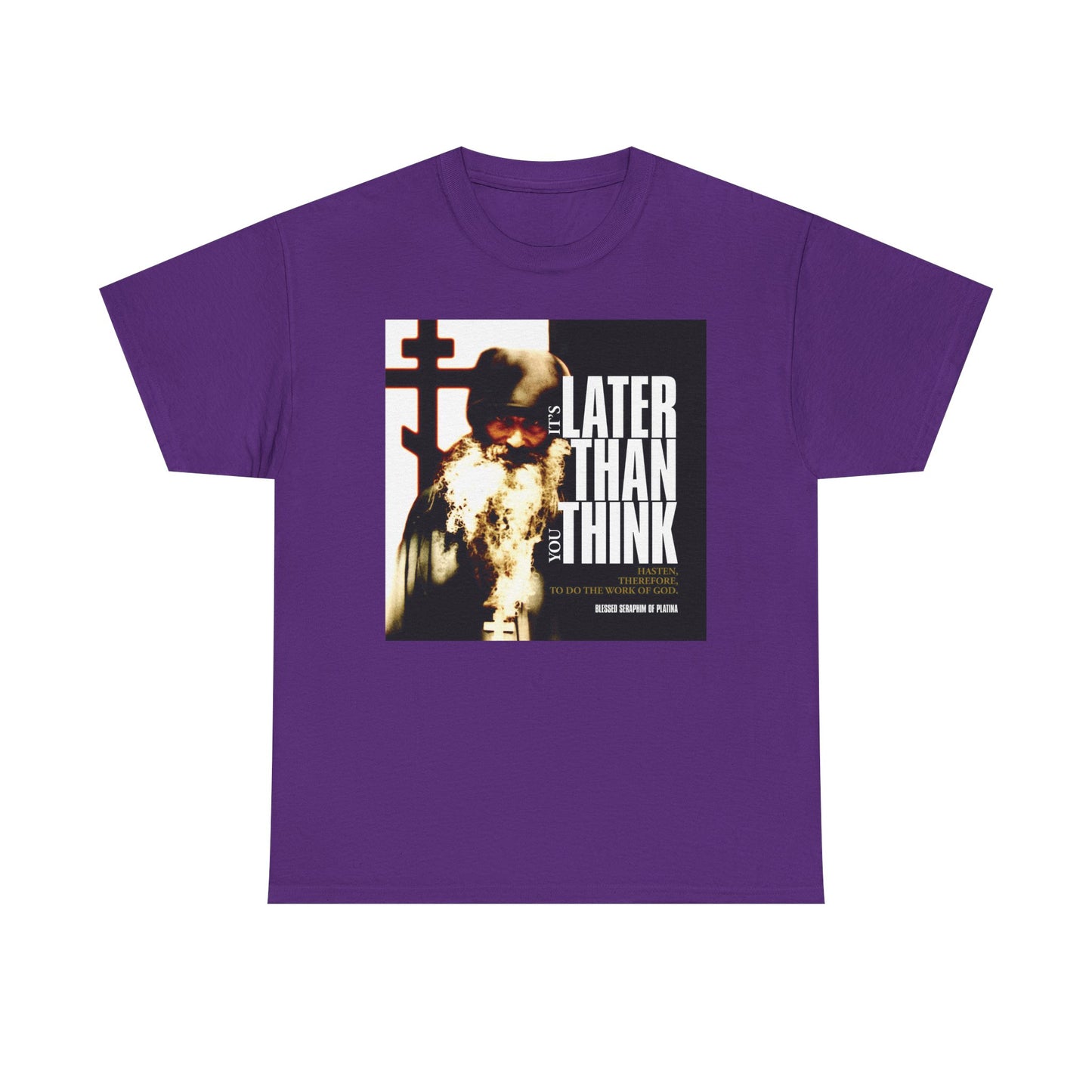 Purple "It’s Later Than You Think" heavy cotton t-shirt with modern cinematic poster typography and a photo of Fr. Seraphim Rose, inspired by his Christian teachings.