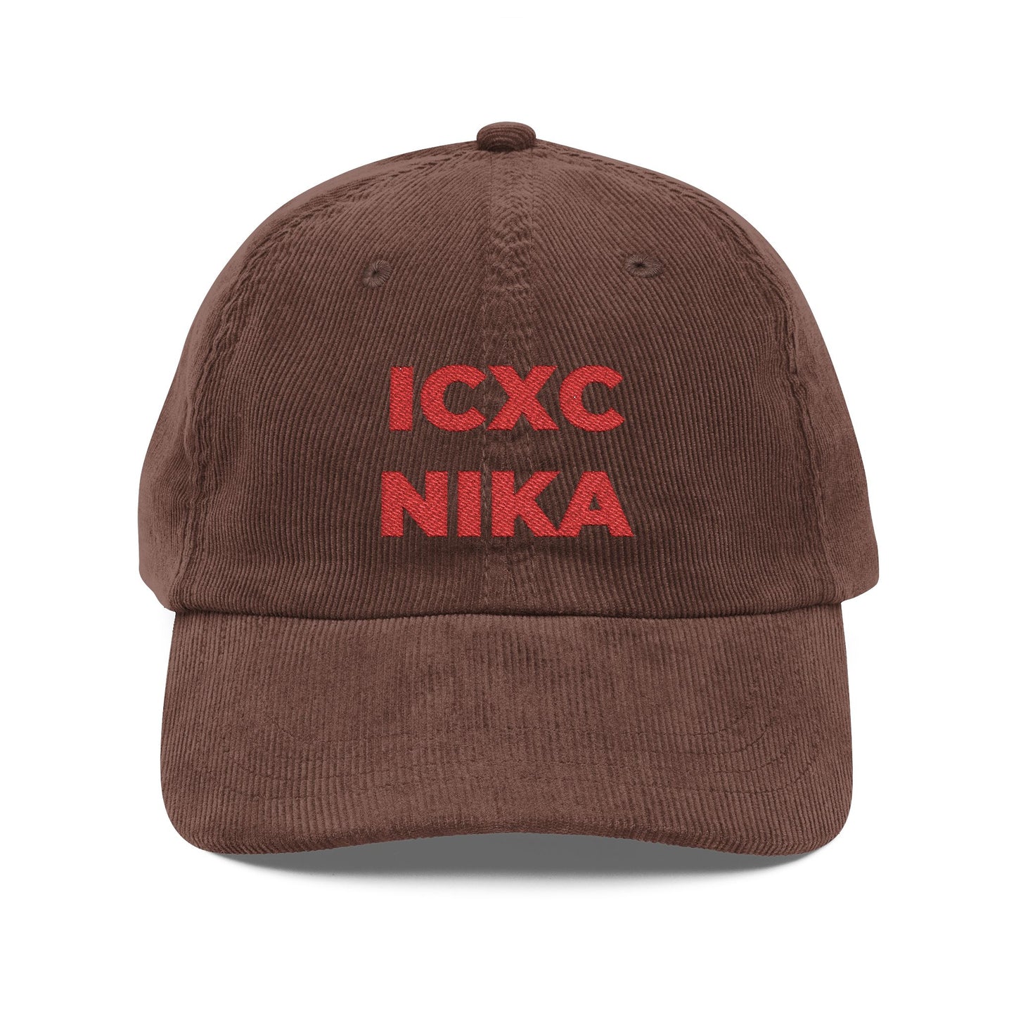 Dark brown cotton corduroy cap with "ICXC NIKA"—Orthodox Christogram for "Jesus Christ Conquers"—embroidered in red on the front.