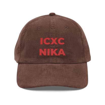 Dark brown cotton corduroy cap with "ICXC NIKA"—Orthodox Christogram for "Jesus Christ Conquers"—embroidered in red on the front.