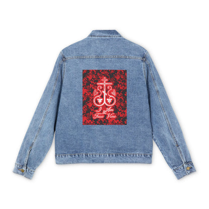 I Am the True Vine (John 15:1) | Orthodox Cross Vine Monogram | Red and Black Floral Design | Orthodox Christian Custom Blue Denim Jacket