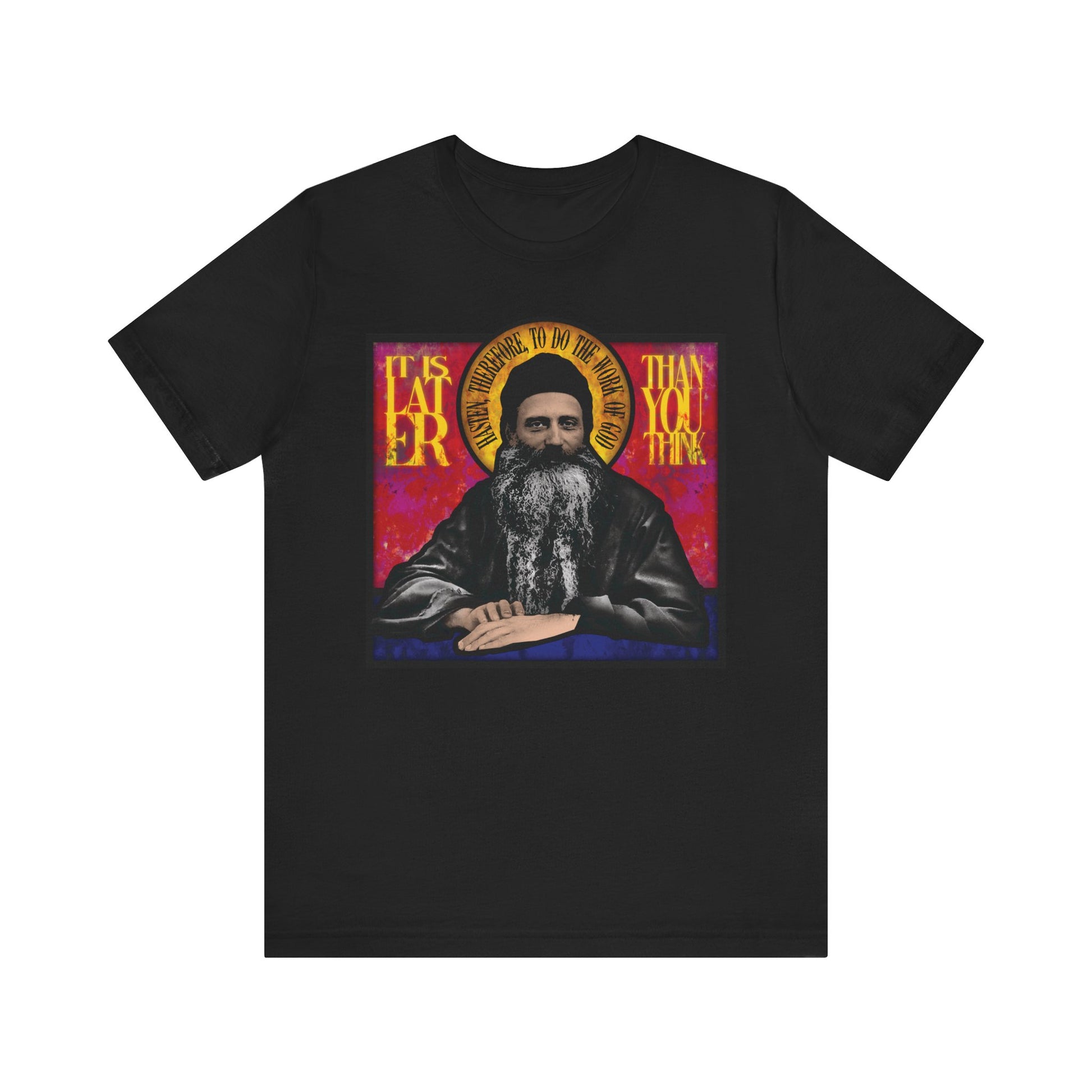 Black "It Is Later Than You Think" T-shirt with stained glass design of Fr. Seraphim Rose, reminding of the urgency of salvation and the Kingdom of Heaven. Lightweight cotton, unisex fit.