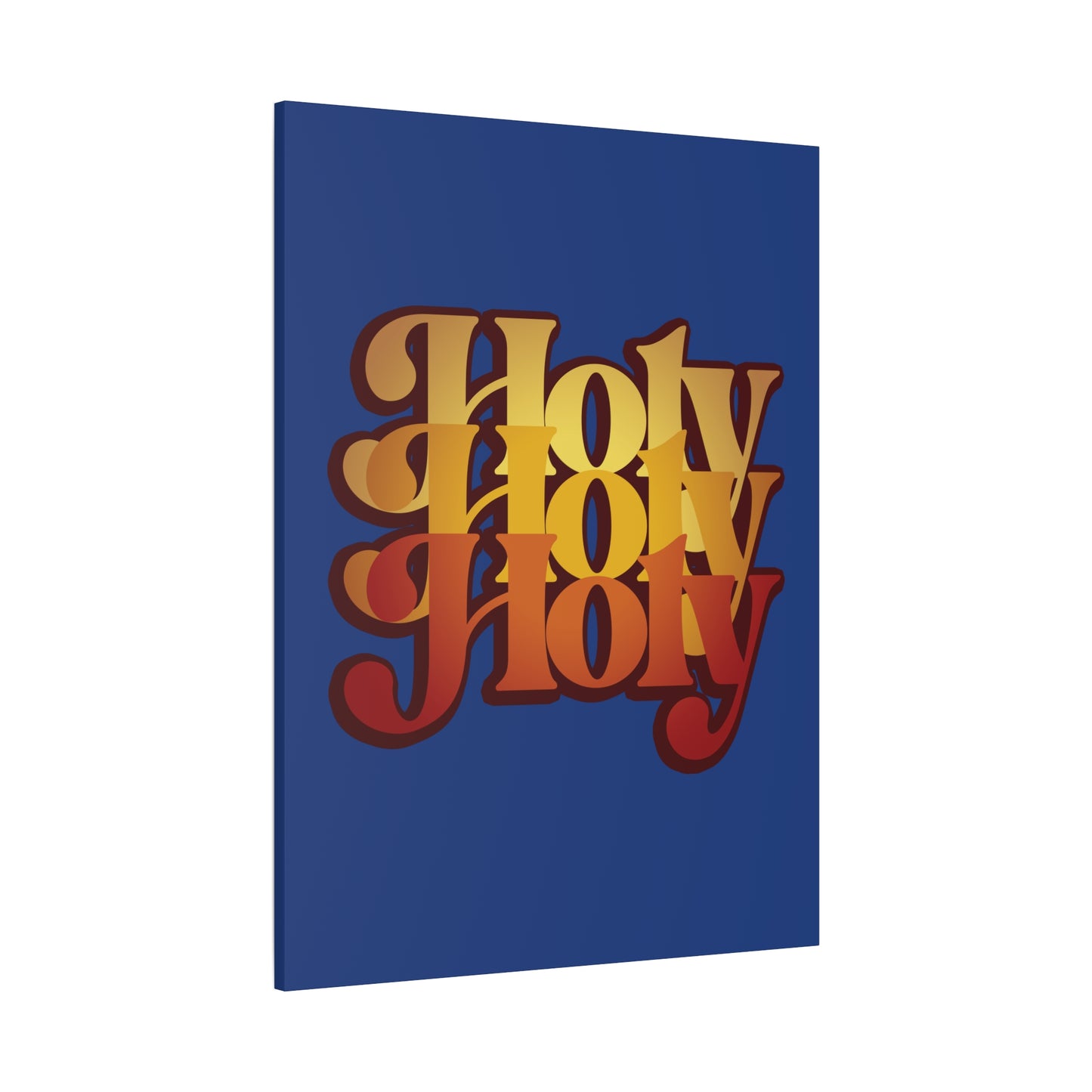 Blue canvas featuring "Holy Holy Holy" in bold, retro orange and red letters. Inspired by Isaiah 6:1-3, this artwork reflects the Trisagion prayer—Cherubim & Seraphim style. Orthodox Christian wall art in 70s design.