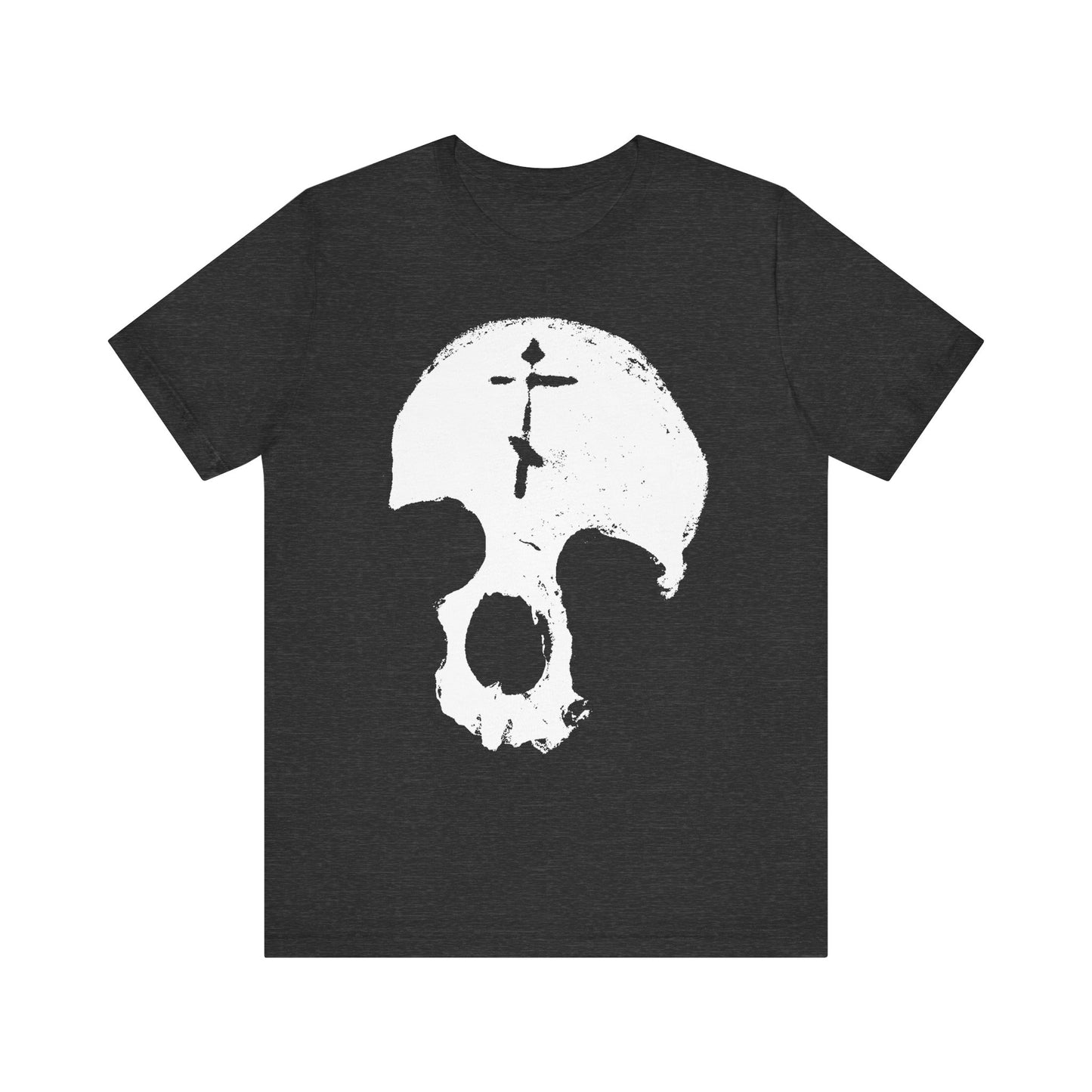 Dark Grey Heather "Skull With Orthodox Cross | Gothic Christian | All is Vanity | Remember You Will Die | Memento Mori" lightweight cotton unisex tee featuring a large white skull graphic with a small vertical black mark above the left eye, evoking themes of human glory and vainglory reminiscent of the teachings of St Ignatius Brianchaninov.