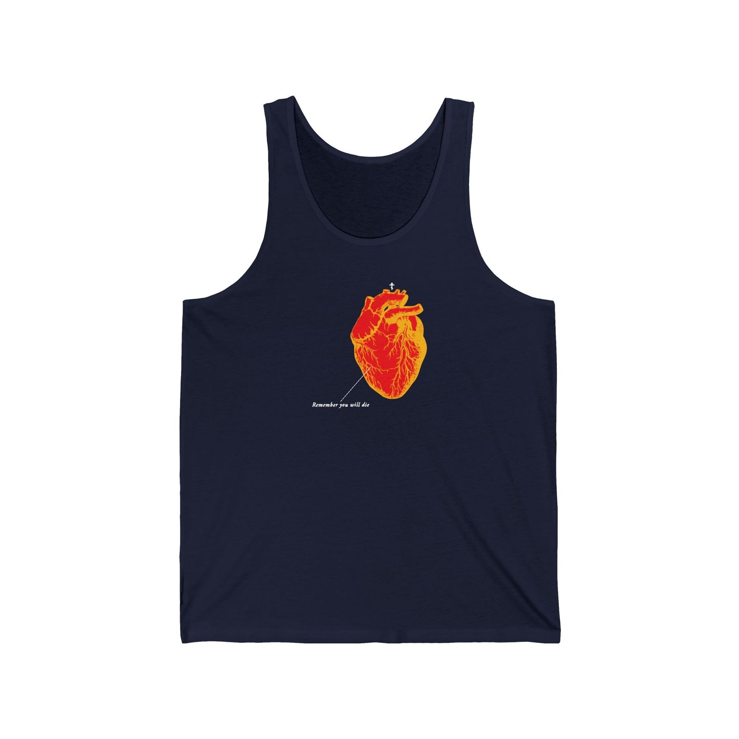Navy cotton tank top with an inverted red & orange anatomical heart graphic and "Remember You Will Die" retro medical design, symbolizing the soul and mysteries of death; an Orthodox Christian memento mori statement.