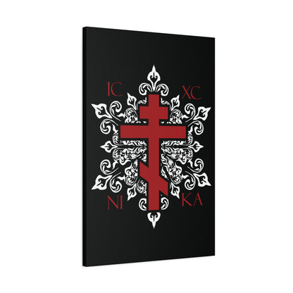 ICXC / NIKA Red Orthodox Cross on Ornate White Medieval Floral Design | Exclusive Best-Selling | Orthodox Christian Canvas Art