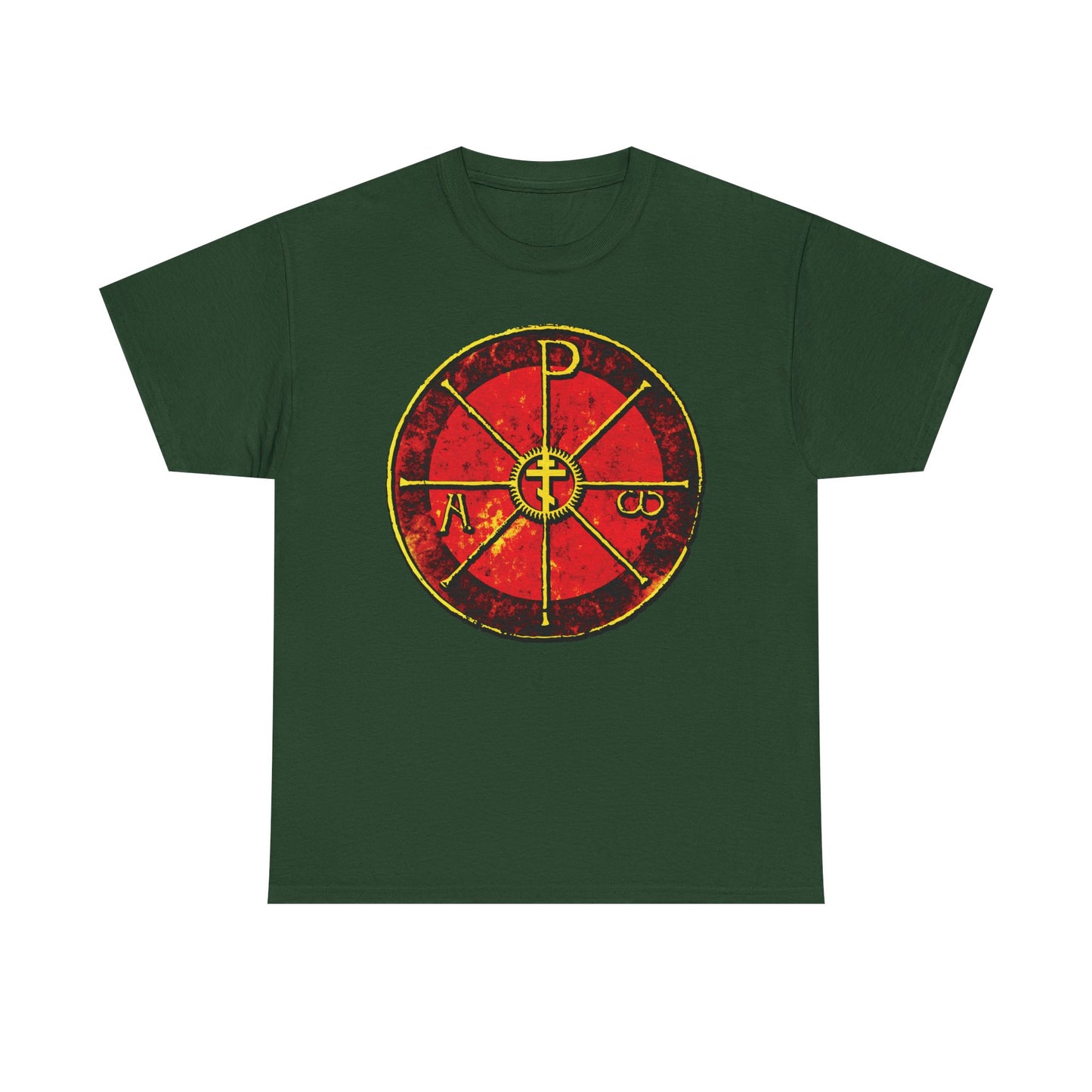 Forest green t-shirt featuring a red and yellow circular Chi Rho symbol with Greek letters, inspired by the Saint Ambrose Chrismon from Milan’s Cathedral. Alpha & Omega Orthodox Cross Christian midweight cotton tee: “In This Sign Ye Shall Conquer.”.