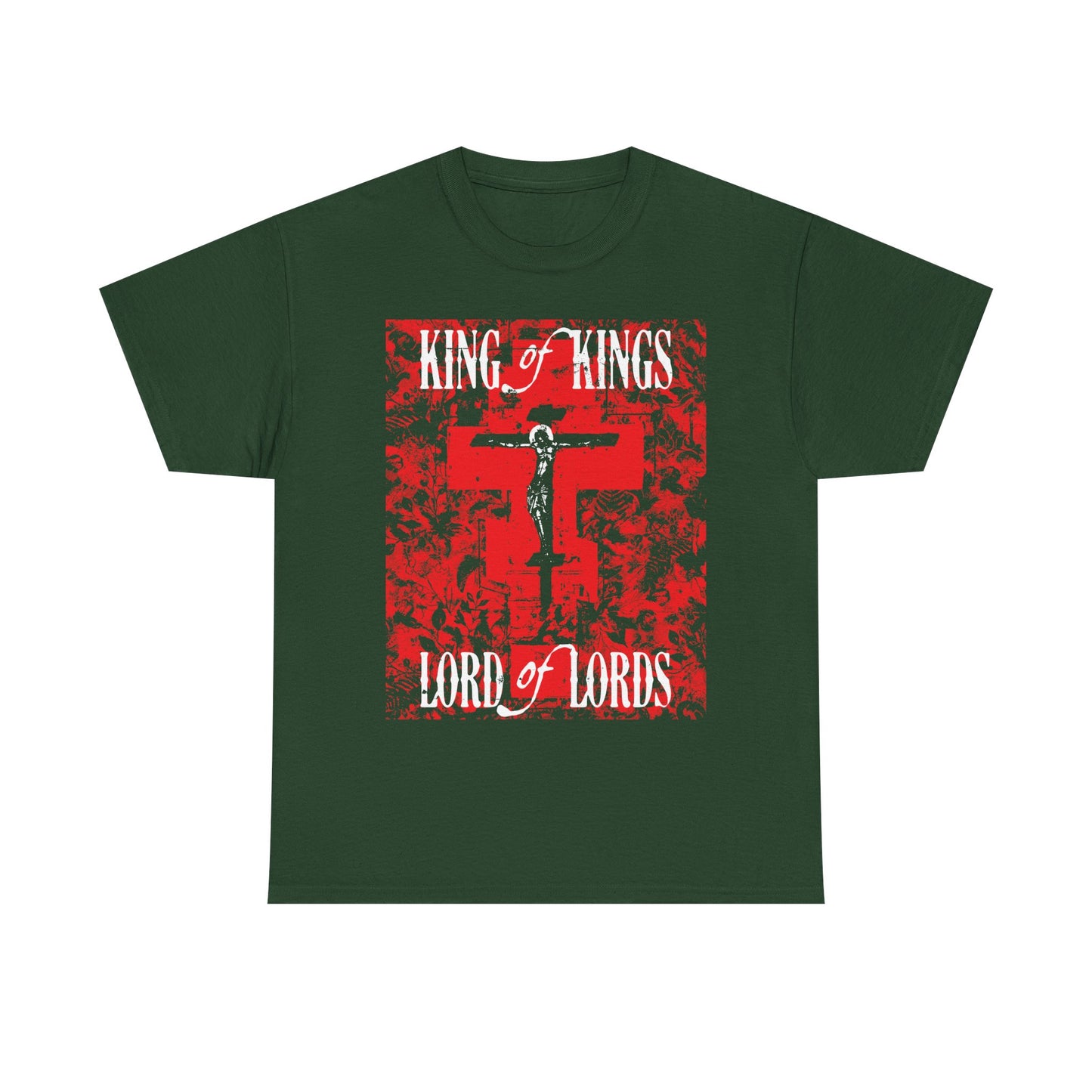 King of Kings, Lord of Lords | Christ Crucified Icono-Graphic | Red Cross Nature Texture w/ White Text | Midweight Cotton Unisex Tee