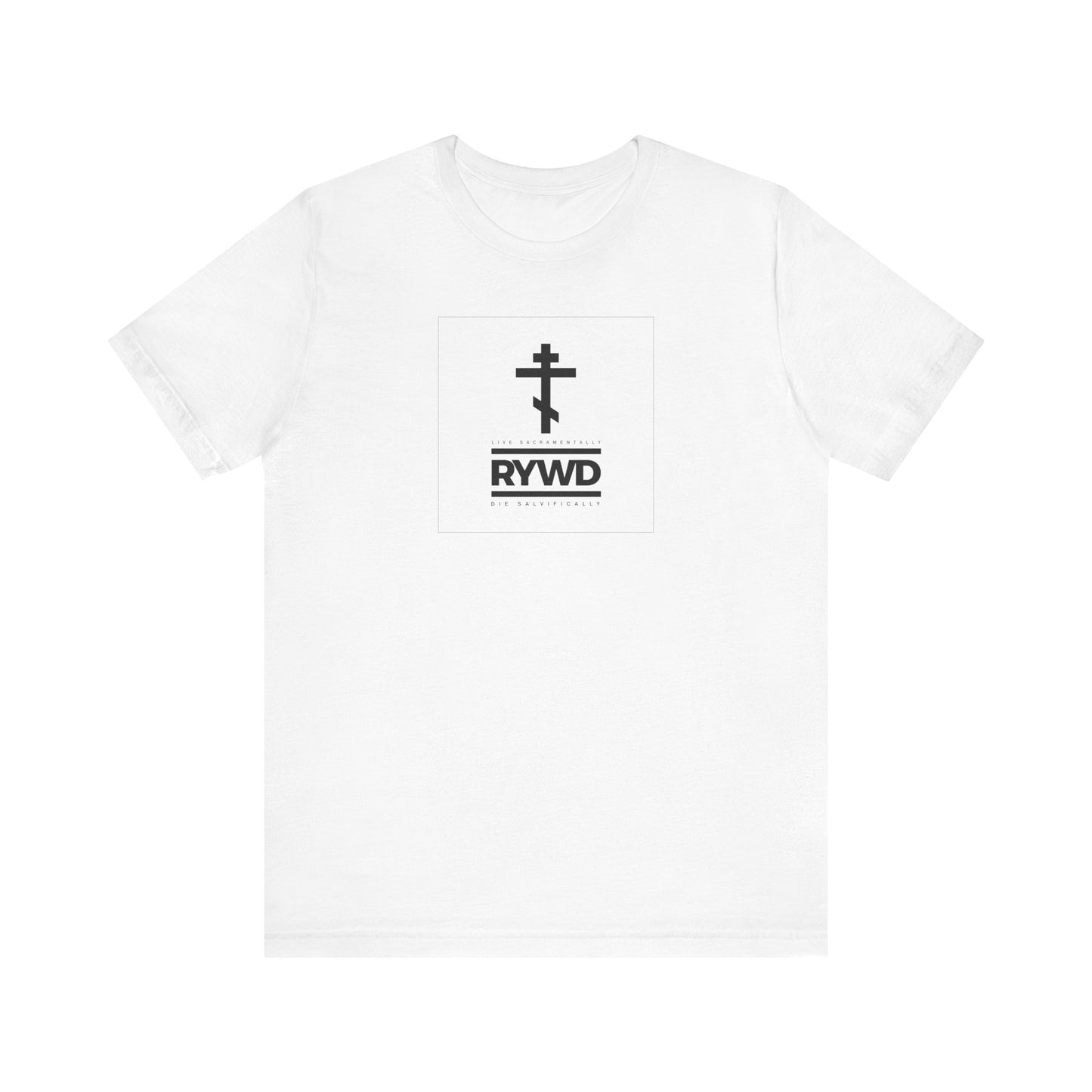White lightweight cotton unisex tee featuring a minimalist black double-barred cross and the text "RYWD" (Remember You Will Die) in a square on the chest, designed as an Orthodox Christian reminder to live sacramentally and die salvifically.