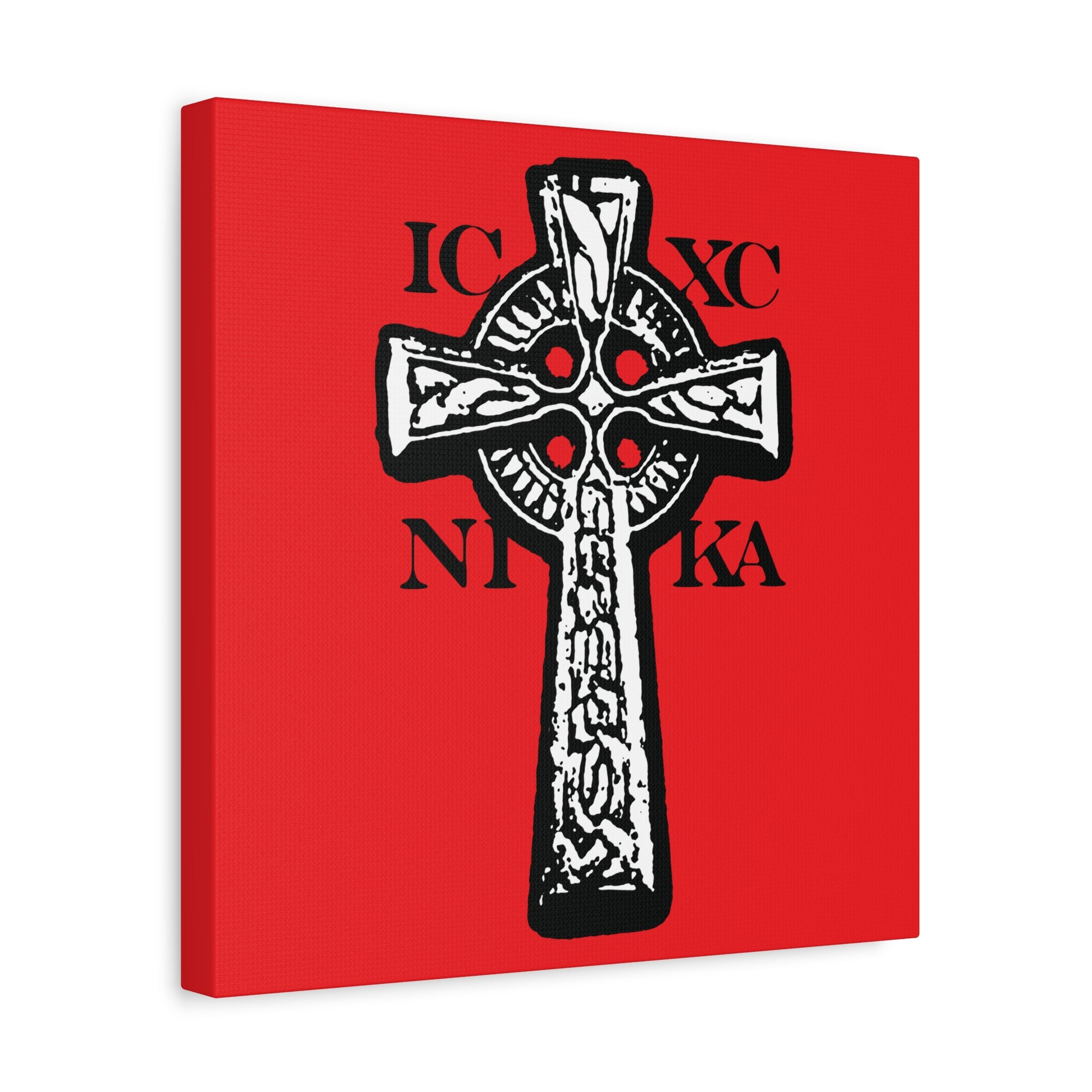 The ICXC NIKA Celtic Knotwork Cross is a black and white Orthodox Christian wall art piece featuring "Jesus Christ Conquers" on a red background, symbolizing the power of the Cross and salvation.