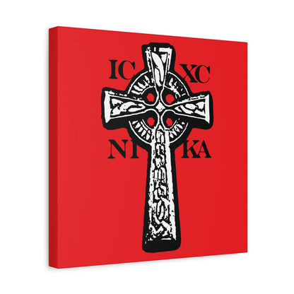 The ICXC NIKA Celtic Knotwork Cross is a black and white Orthodox Christian wall art piece featuring "Jesus Christ Conquers" on a red background, symbolizing the power of the Cross and salvation.