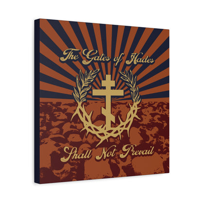 The Gates of Hades Shall Not Prevail | Cross with Wreath & Crown of Thorns | Skulls and Rays | Orthodox Christian Canvas Art